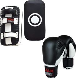 MaxStrength 10oz Boxing Punching Gloves with Thai Training Pad Sets, Black/White