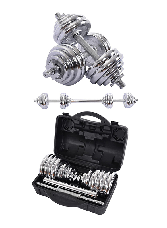 Maxstrength 2-in-1 Dumbbell & Barbell Weights Set with Carry Case, Connector Bar Converts & Grips, 15KG, Silver
