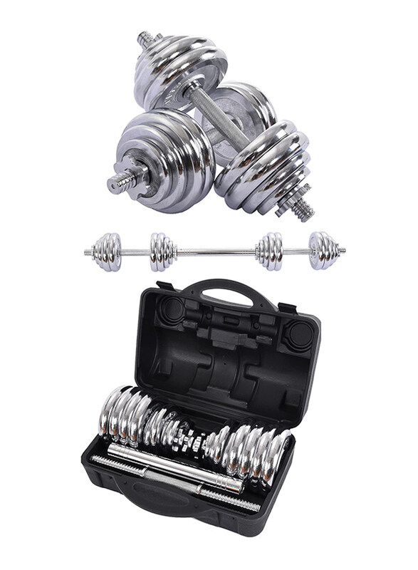 

Maxstrength 2-in-1 Dumbbell & Barbell Weights Set with Carry Case, Connector Bar Converts & Grips, 15KG, Silver