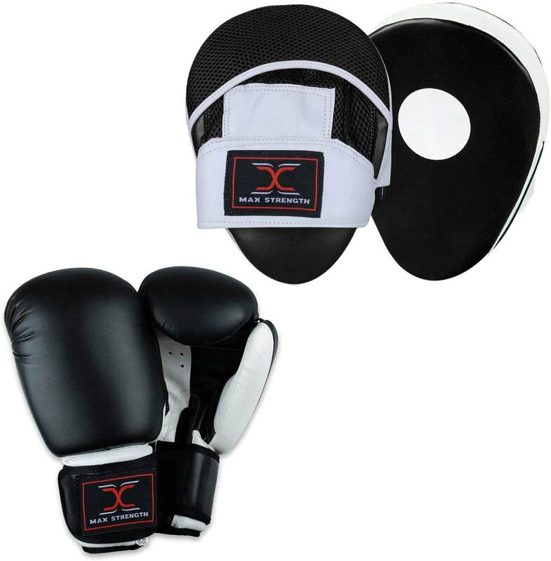 MaxStrength 12oz Boxing Gloves & Focus Pad, Black/White