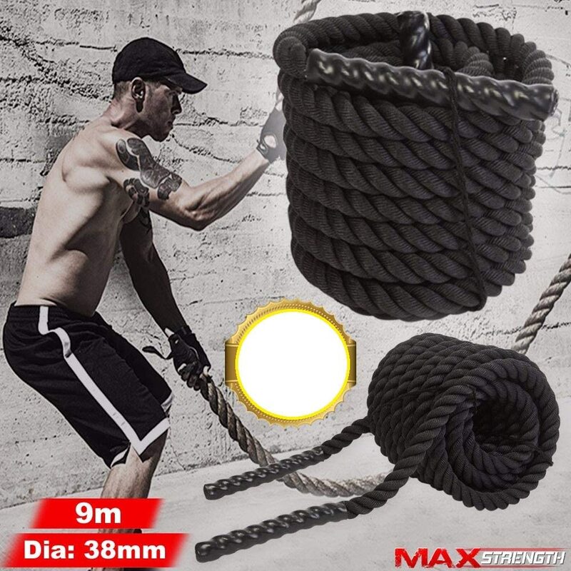 MaxStrength Battle Rope 9 Meter with Cotton Mesh Backs Genuine Leather Weight Lifting Gloves L-XL, Black/White