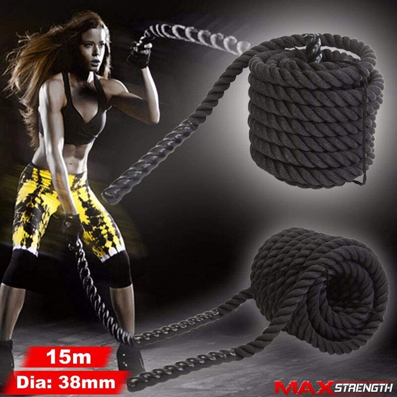 MaxStrength 38mm Battle Rope Training Rope Pro with S/M Cotton Mesh Backs Weight Lifting Gloves Genuine Leather, 15 Meter, Black