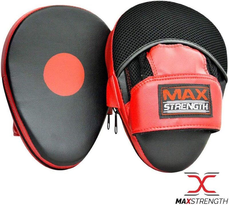 MaxStrength Hook Jab Mitts UFC Sparring Boxing Training Focus Pads, Red/White