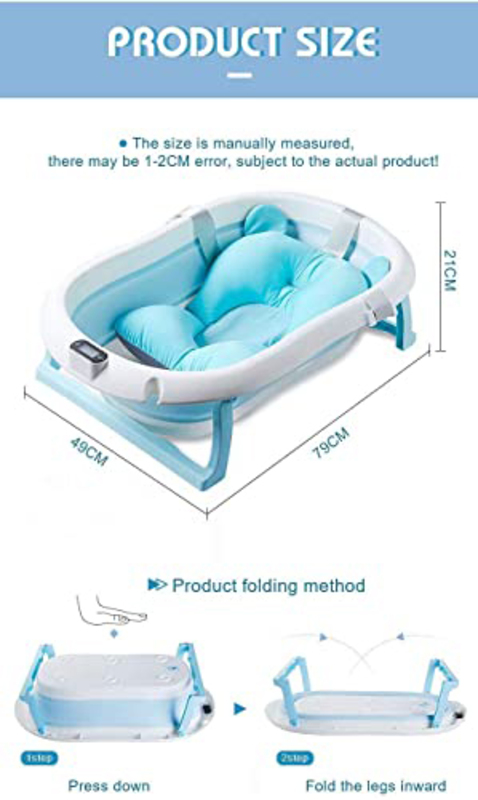 Maxstrength Foldable Bath Tub Set with Temperature Sensing Thermometer & Bathmat Cushion for Babies, Newborn, Blue