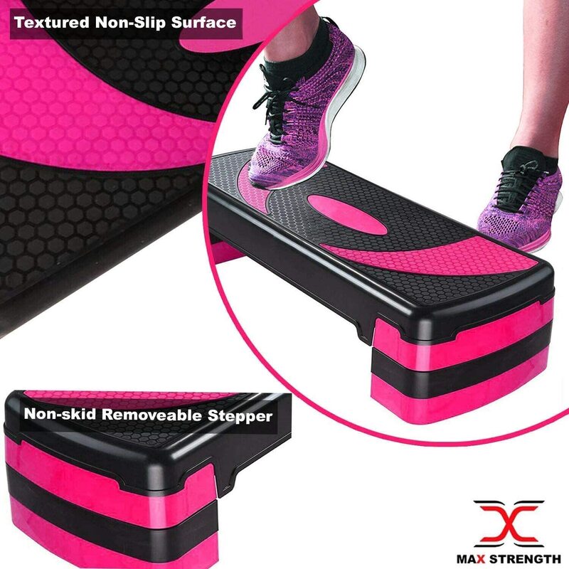 MaxStrength 5 Level Adjustable Aerobic Step with 10cm, 15cm, 20cm, 25cm & 30cm Heights Fitness Levels, Pink/Black