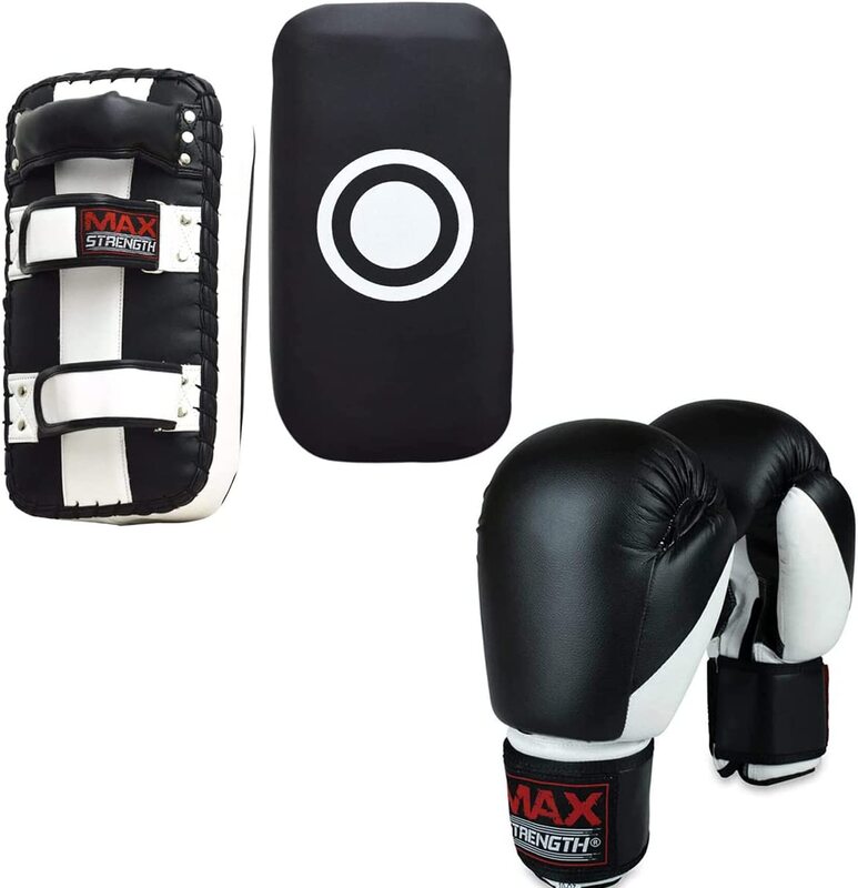 MaxStrength 8oz Boxing Punching Gloves with Thai Training Pad Sets, Black/White