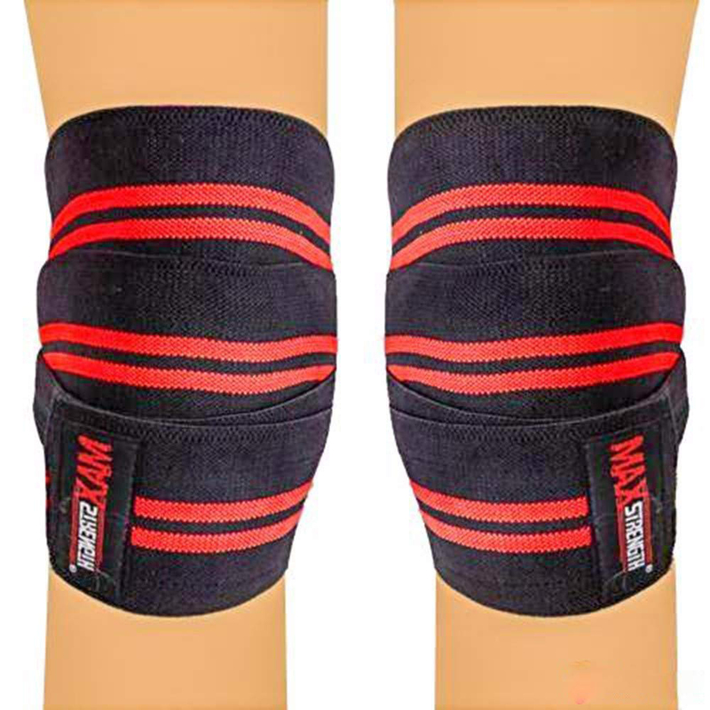 Maxstrength Heavy Duty Elasticated Knee Support Wraps for Weight Lifting with Velcro Closure, 1 Pair, Black/Red