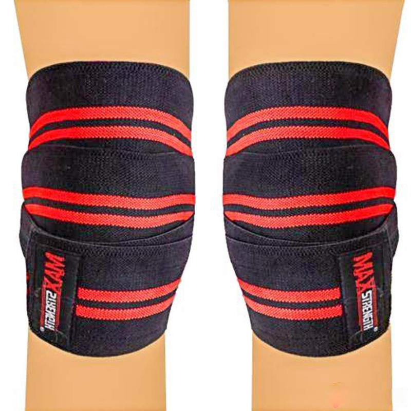 

Maxstrength Heavy Duty Elasticated Knee Support Wraps for Weight Lifting with Velcro Closure, 1 Pair, Black/Red