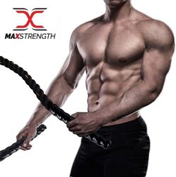 MaxStrength 38mm Battle Rope Training Rope Pro with L/XL Yellow Cotton Mesh Backs Weight Lifting Gloves Genuine Leather, 12 Meter, Black