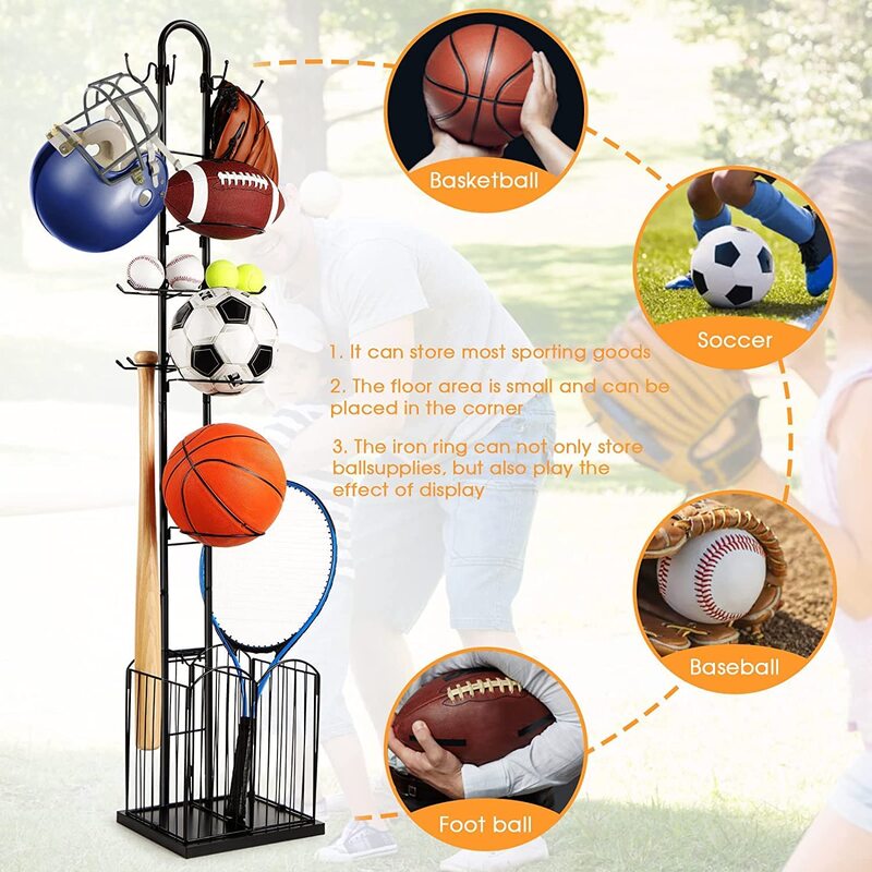 X MaxStrength Ball Storage Rack 4-Tier Sports Equipment Storage Organizer with Basket and Hooks, 4 Piece, Multicolour