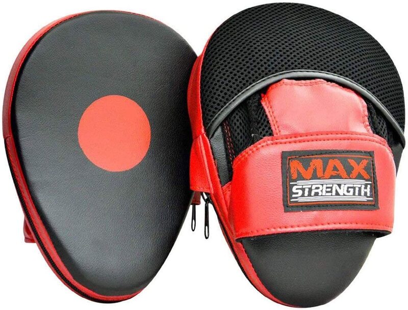MaxStrength 10oz Boxing Gloves and Curved Focus Pads MMA Boxing Kick Training Hook & Jabs Pro Set, Red/Black