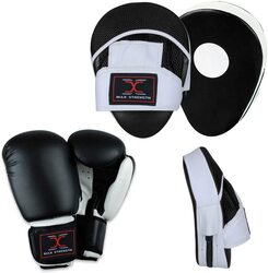 MaxStrength 8oz Boxing Gloves and Curved Focus Pads MMA Boxing Kick Training Hook & Jabs Pro Set, Black/White
