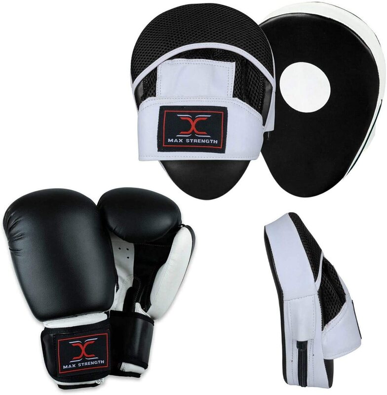 MaxStrength 12oz Boxing Gloves & Curved Focus Pads with MMA Boxing Kick Training Hook & Jabs Pro Set, Black/White