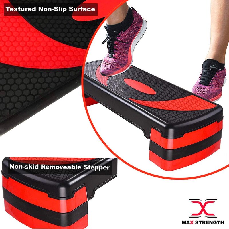 MaxStrength Aerobic Step Exercise Training Workout Stepper, Level 5, Black/Red