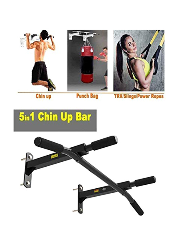 Maxstrength 5-in-1 Wall Mounted Metal Chin Up & Pull Up Bar for Punch Bag, Strap Exercises, Slings & Power Ropes, Black