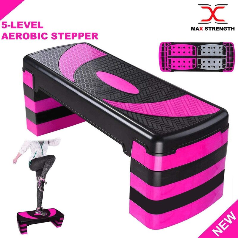 MaxStrength Multi Level Aerobic Step Exercise Training Workout Stepper with 5 Adjustable Step Levels Included, 2 Level, Red/Black