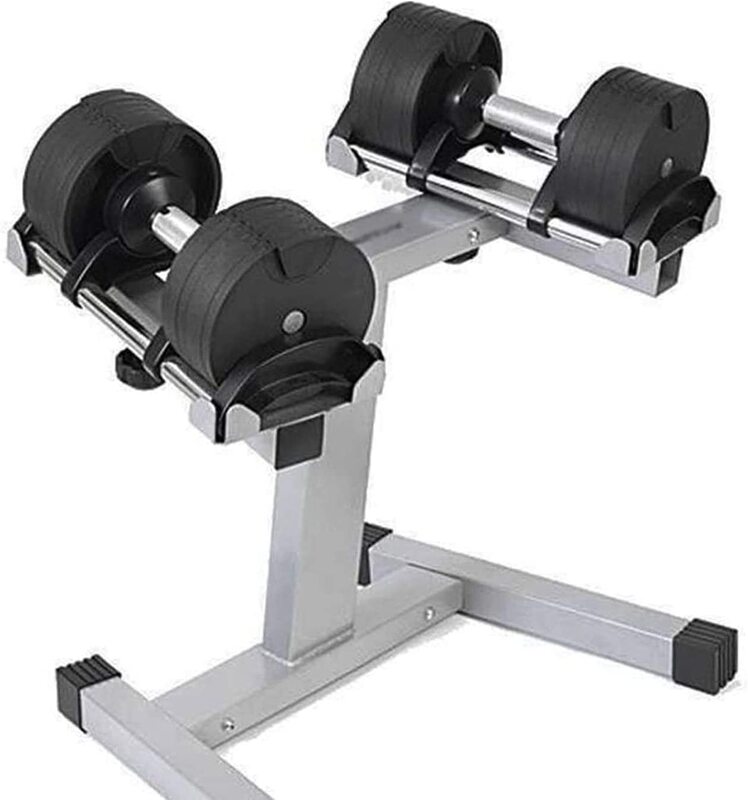 MaxStrength Weight Lifting Quickly Adjustable Dumbbells with Dumbbell Rack, Silver/Black