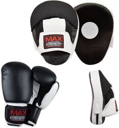 MaxStrength 12oz Hook & Jab Focus Punch Pads Set & Boxing Gloves, Black/White