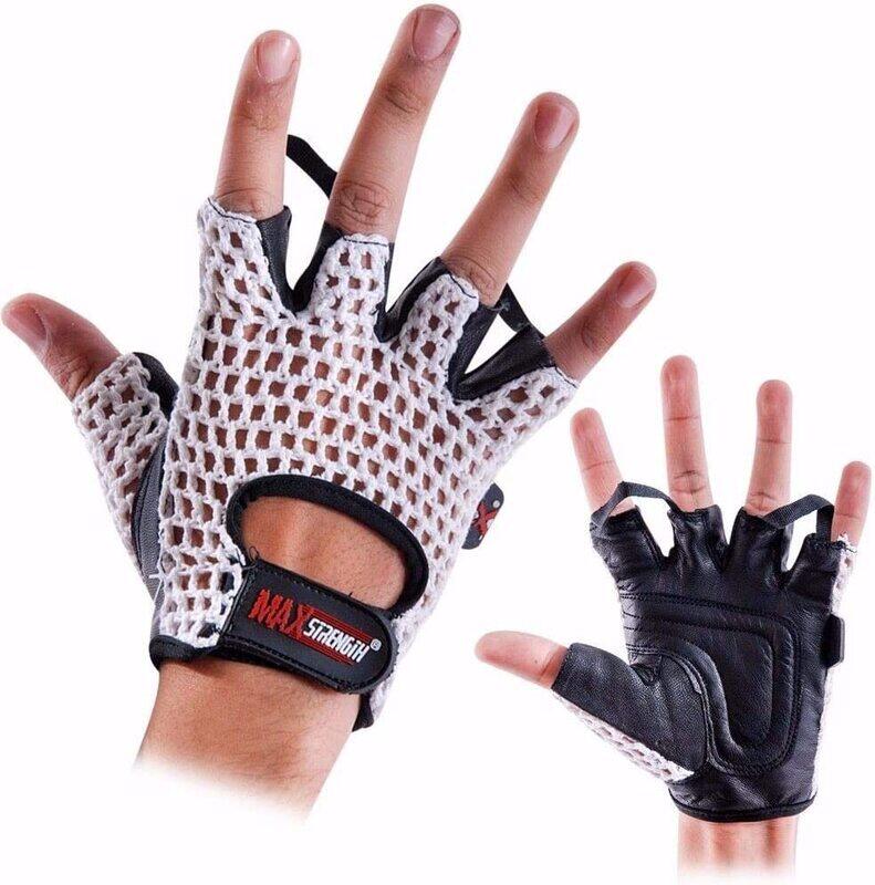 

MaxStrength Cotton Mesh Backs Genuine Leather Weight Lifting Gloves, L-XL, Black/White