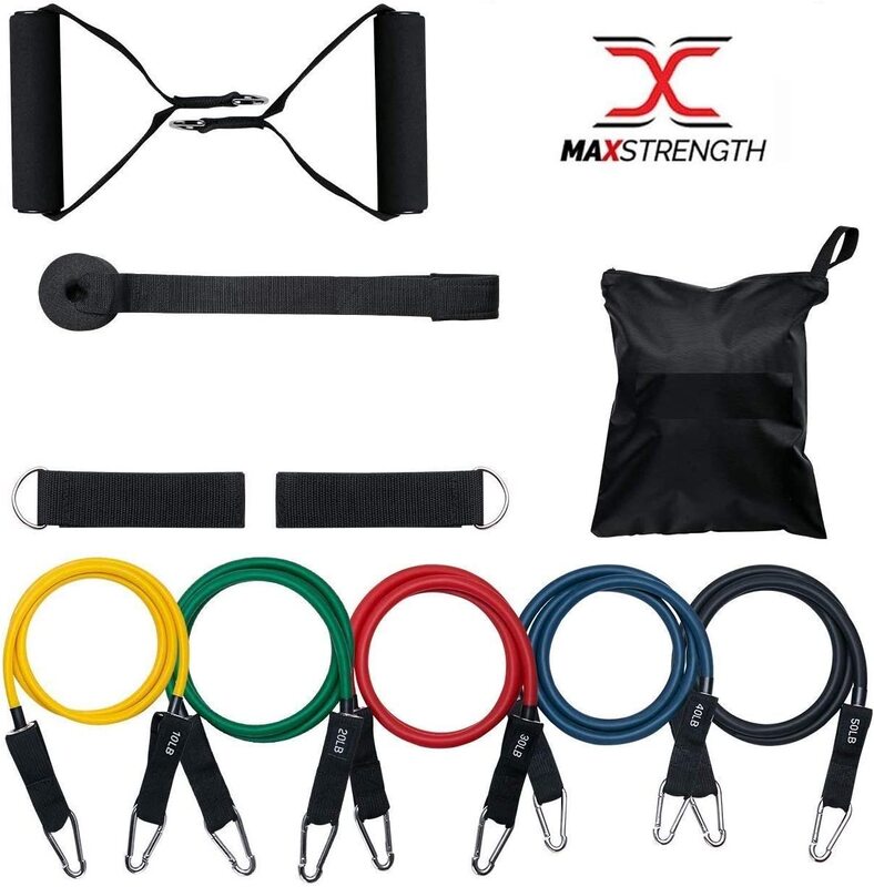 MaxStrength Resistance Band Set with Handles, 5 Stackable Exercise Bands, Door Anchor & Ankle Straps, Multicolour