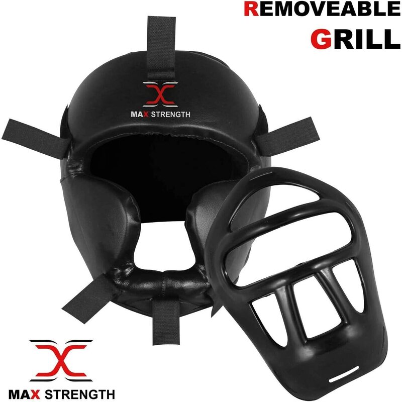 MaxStrength Senior Head Guard with Removable Face Grill Forehead & Ear Protection for Boxing MMA Training, Black