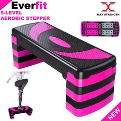 MaxStrength 5 Level Adjustable Aerobic Step with 10cm, 15cm, 20cm, 25cm & 30cm Heights Fitness Levels, Pink/Black