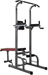 MaxStrength Power Tower Multi-Function Pull Up Rack & Dip Station Abs Dip Station with Situp Bench, Black