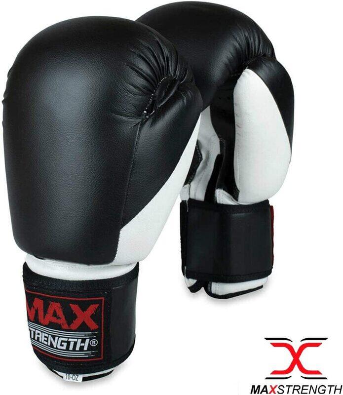 MaxStrength 14oz Boxing Punching Gloves with Thai Training Pad Sets, Black/White