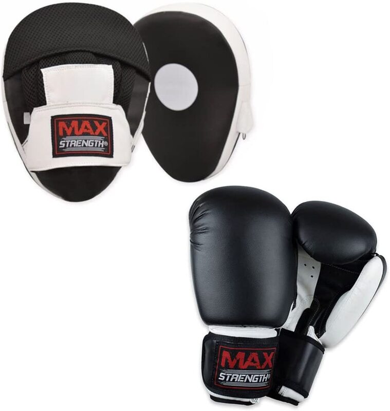 MaxStrength 6oz Focus Pads and Boxing Gloves Set, Black/White