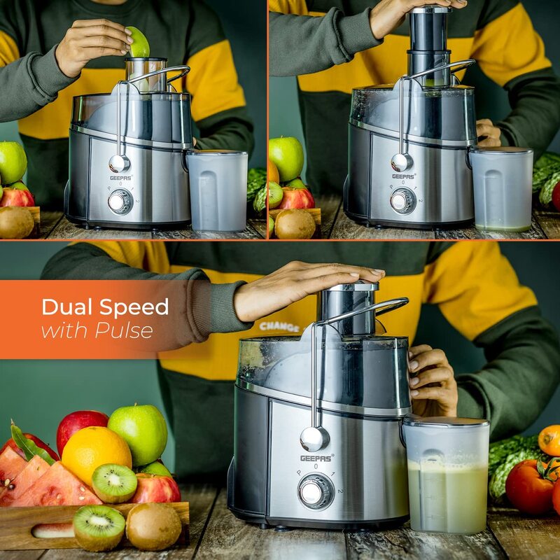 Geepas 600W Juice Extractor , Centrifugal Juicer With Stainless Steel Body & Extra Filter Basket  75mm Wide Mouth Ideal For Apple, Carrot, Pear & Orange 