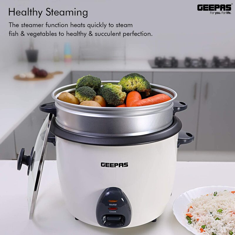 Geepas 1.5L Rice Cooker Steamer with Non-Stick Cooking Pot  500W Automatic Cooking, Steam Vent Lid & Simple One Touch Operation Make Rice, Steam Healthy Food & Vegetables 