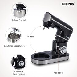 Geepas 1500W Stand Mixer With 8.5Lstainless Steel Mixing Bowl - Ideal For Bread & Dough  6 Speed With Pulse, & Eject Button  Whisk, Beaters & Dough Hook & 2 Year Warranty, Multicolor, GSM43040