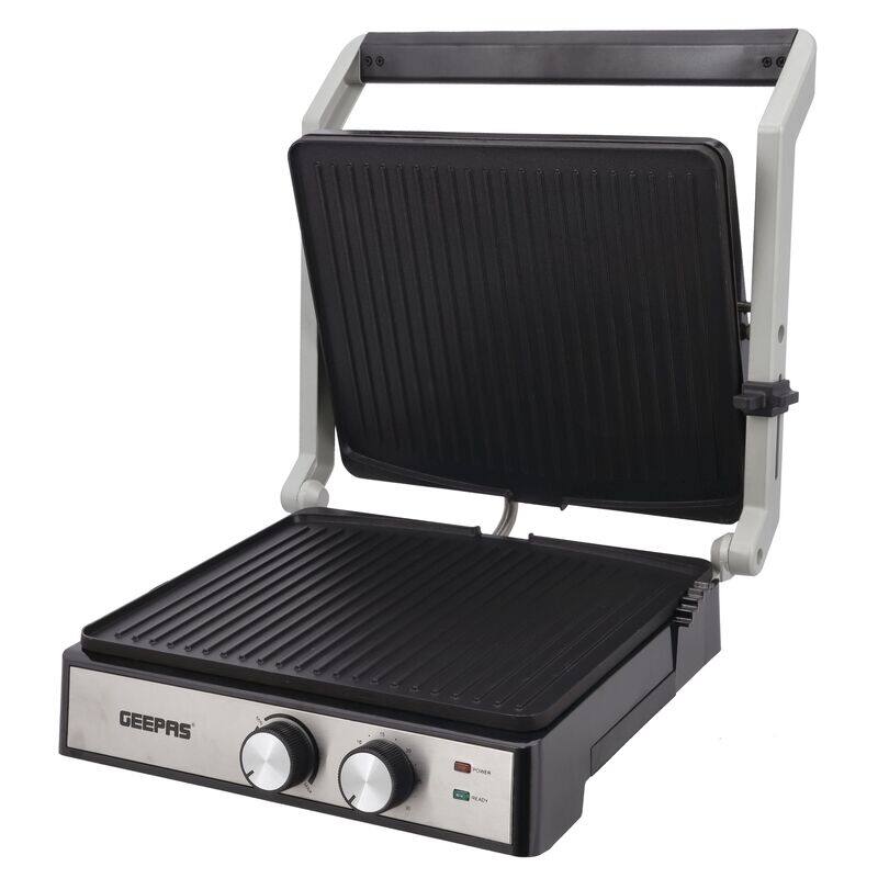 

Geepas Stainless Steel Grill Maker, Panini Maker, GGM36539 Open Flat Up To 180 , Timer & Temperature Control ,Non-Stick Cooking Plate & Cool Touch Handle &