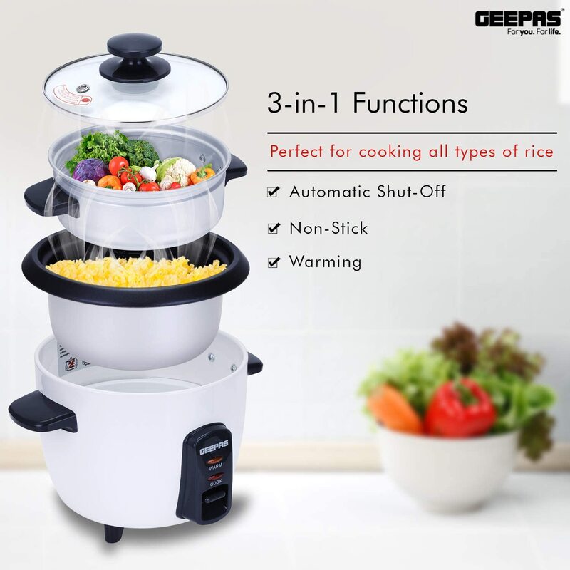 Geepas 1.5L Rice Cooker Steamer with Non-Stick Cooking Pot  500W Automatic Cooking, Steam Vent Lid & Simple One Touch Operation Make Rice, Steam Healthy Food & Vegetables 