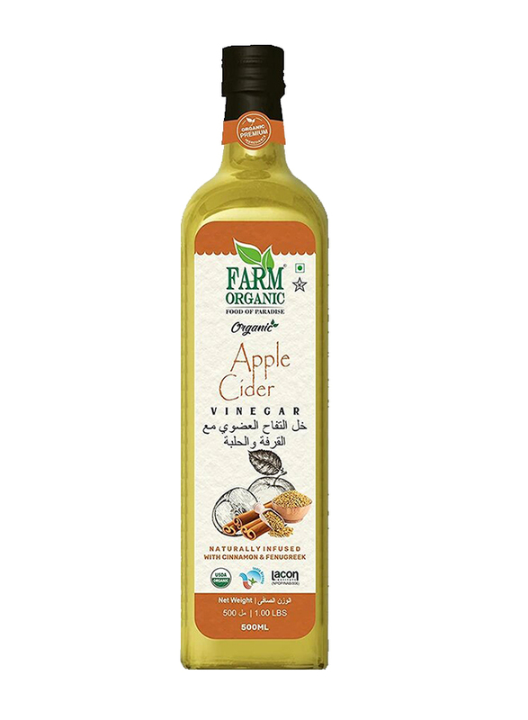 Farm Organic Gluten Free Apple Cider Vinegar Naturally Infused with Cinnamon & Fenugreek, 500ml