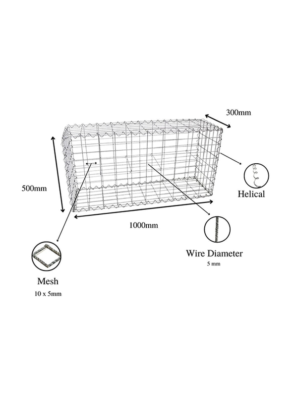 Admax Galvanised Steel Gabion Baskets with Outdoor Spiral, 1000 x 500 x 300mm, Silver