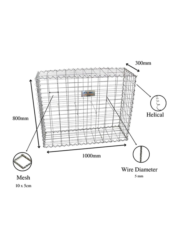 Admax Galvanised Steel Gabion Baskets with Outdoor Spiral, 1000 x 800 x 300mm, Silver