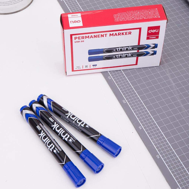 Deli 12-Piece Think Permanent Marker with Low Odor Ink, EU10130, Blue