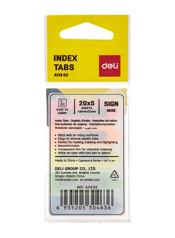 Deli Sign Here Index Tabs Sticky Notes Set, 44 x 12mm, 5 x 20 Sheets, EA11302, Multicolour