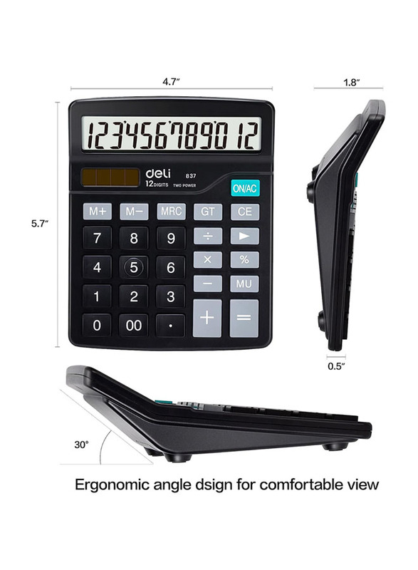 Deli 12-Digit Desktop Calculator, E837, Black