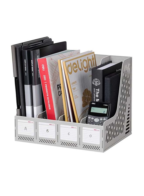 Deli Plastic 4 Vertical Compartments Magazine Rack, Grey