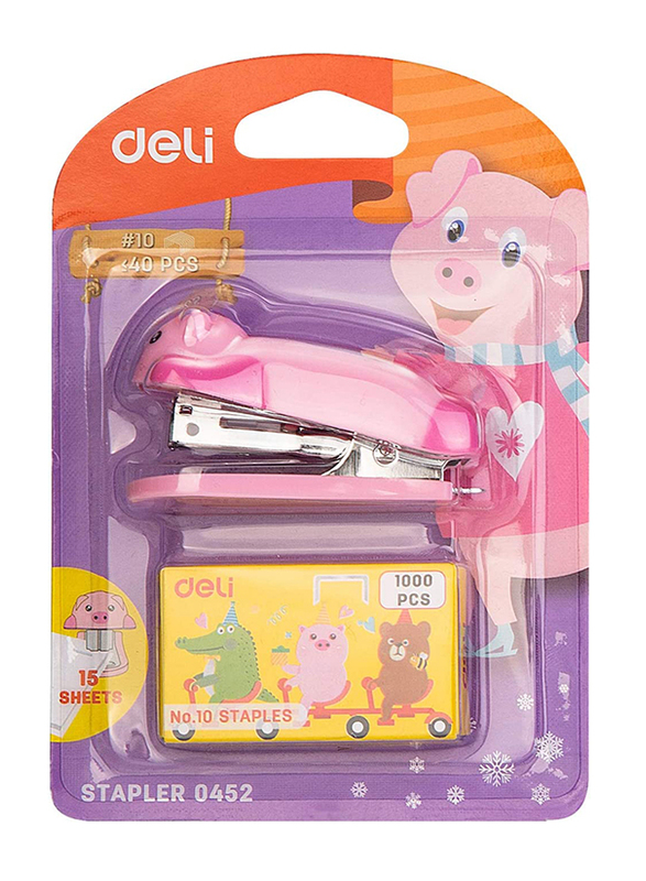 Deli Mini Cute Cartoon Animals Piggy No 10 Stapler, Pink