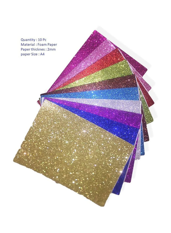 Self-Adhesive Sticky Glitter Art Foam Gum Papers Set, 10 Pieces, A4 Size, Multicolour