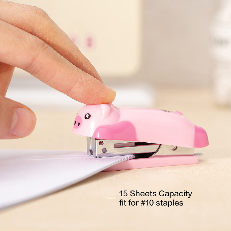 Deli Mini Cute Cartoon Animals Piggy No 10 Stapler, Pink