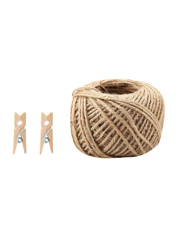 Walfront Photo Craft Decoration Mini Wooden Clips with Jute Twin, 250 Pieces, Brown