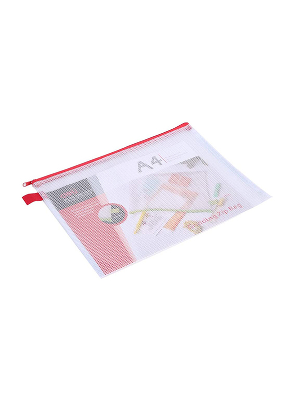 Deli Paper Mesh Zipper Bag, A4 Size, 20 Pieces, Clear/Red