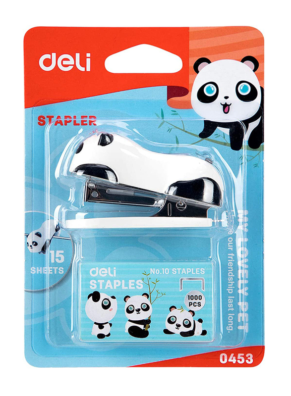 Deli Mini Cute Cartoon Animals Panda No 10 Stapler, White