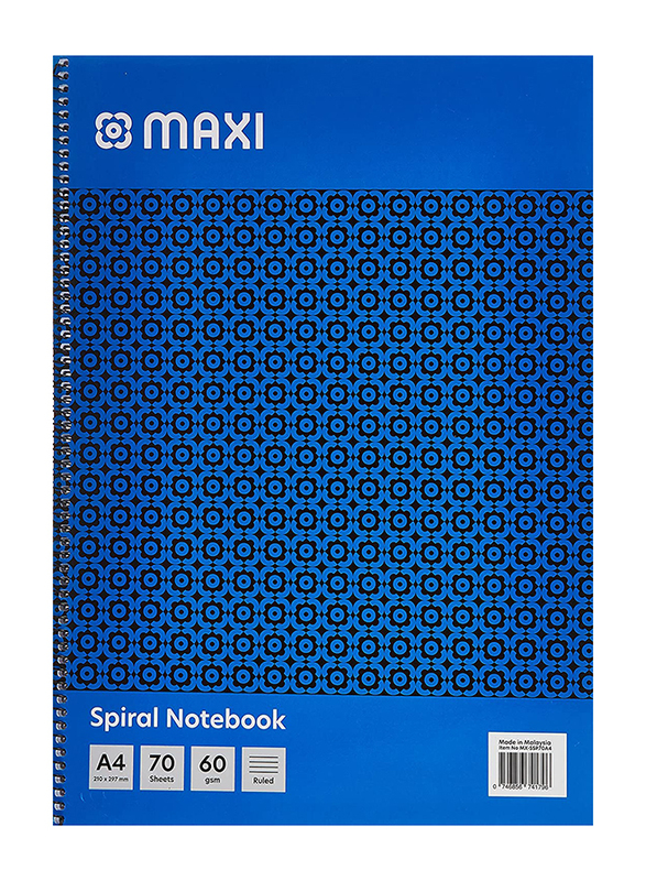 Maxi Side Spiral Ruled Notebook, 60 GSM, A4 Size, 70 Sheets, SSP70A4, Blue