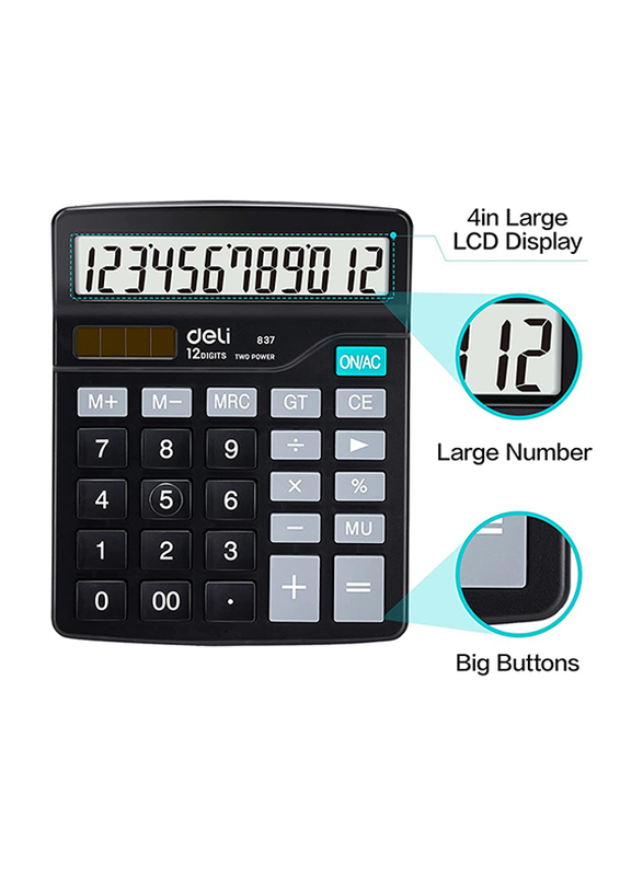 Deli 12-Digit Dual Power Basic Calculator, E837, Black