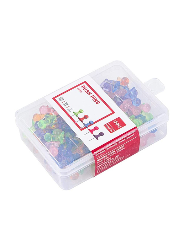 Deli Transparent Coloured Push Pin, 100-Piece, E0030, Multicolor